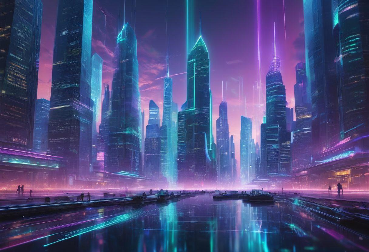 A futuristic cityscape representing the digital landscape, with glowing data streams and floating holographic tools symbolizing quality assessment. Include diverse people using tablets and laptops, interacting with the digital world around them. Use vibrant, luminous colors to evoke a sense of technology and innovation. digital art. cyberpunk. vibrant colors.