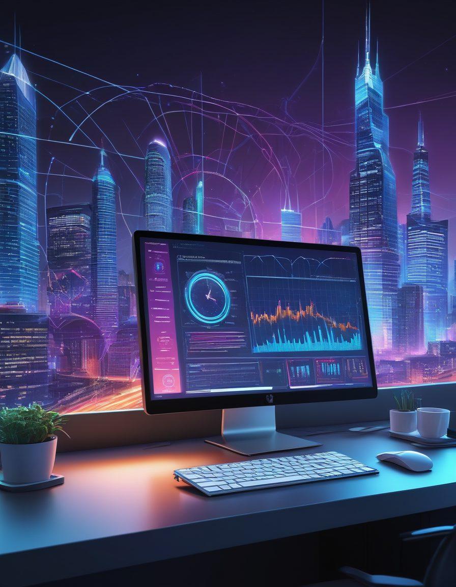 A visually engaging illustration showcasing speed tests and latency analysis tools, with vibrant graphs and charts depicting internet performance metrics. Include a computer screen displaying a speed test results page and a clock symbolizing latency. The background features a digital city skyline to represent connectivity. super-realistic. vibrant colors. 3D.